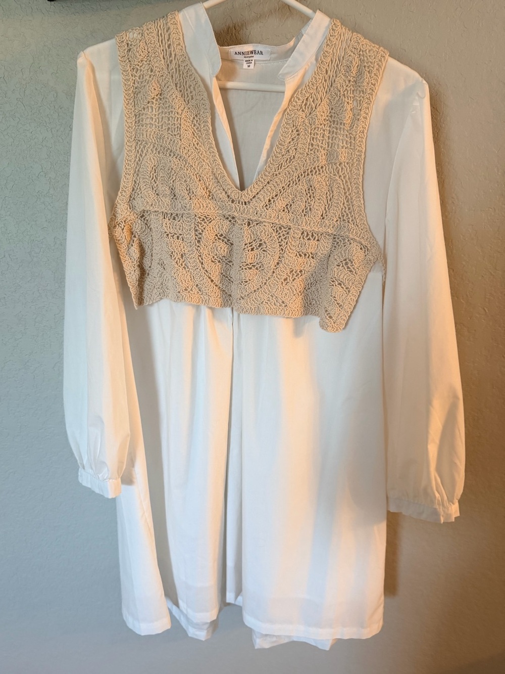 Cream Crochet-Overlay White Long Sleeve dress